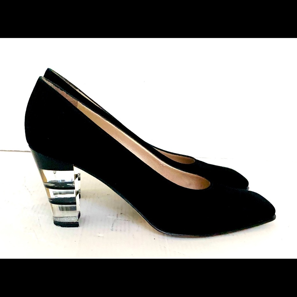 Black real suede shoes with trendy chique  transparant block heels round toe 40